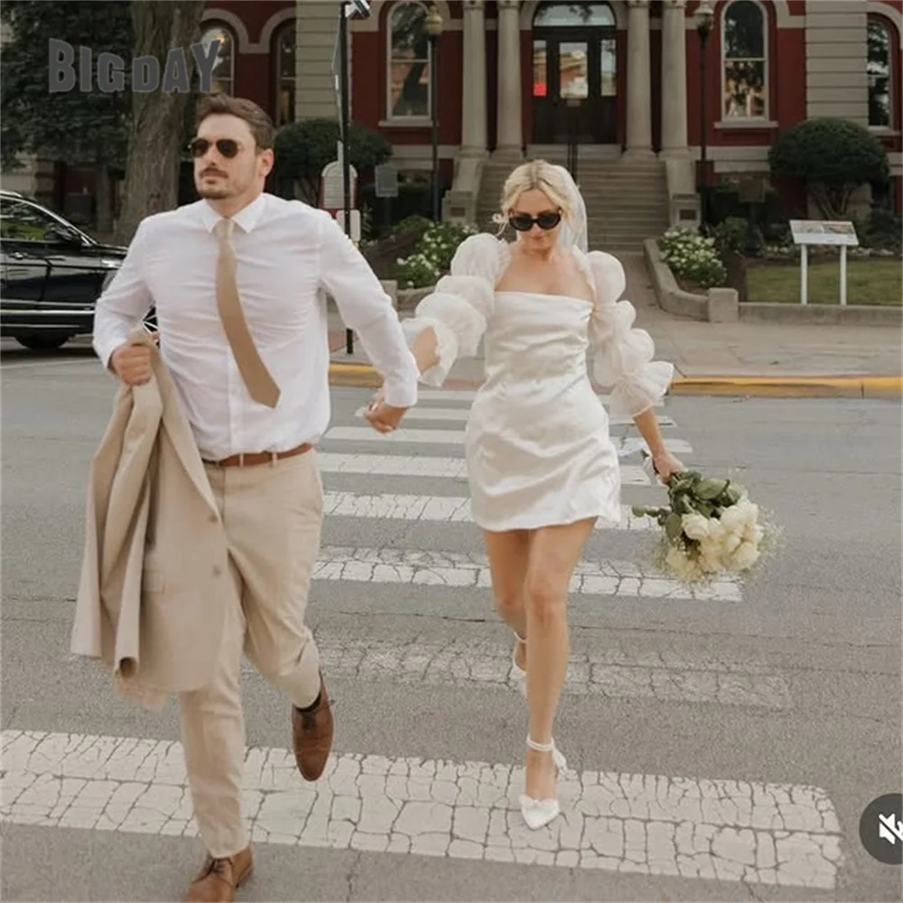 

Classic Short Wedding Dress Women 2025 Long Sleeve Square Collar Open Back Satin Sheath Bridal Gown Vestido De Noiva Customized
