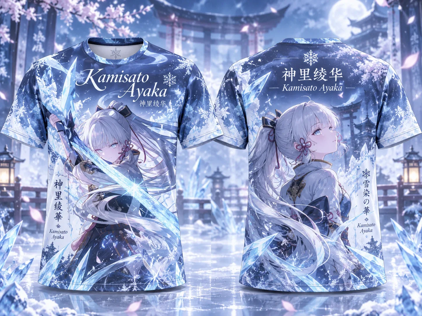 Kamisato Ayaka Anime Silver Hair Girl with Fan Full Print T-Shirt Unisex Japanese Otaku Streetwear Casual Summer Top Harajuku