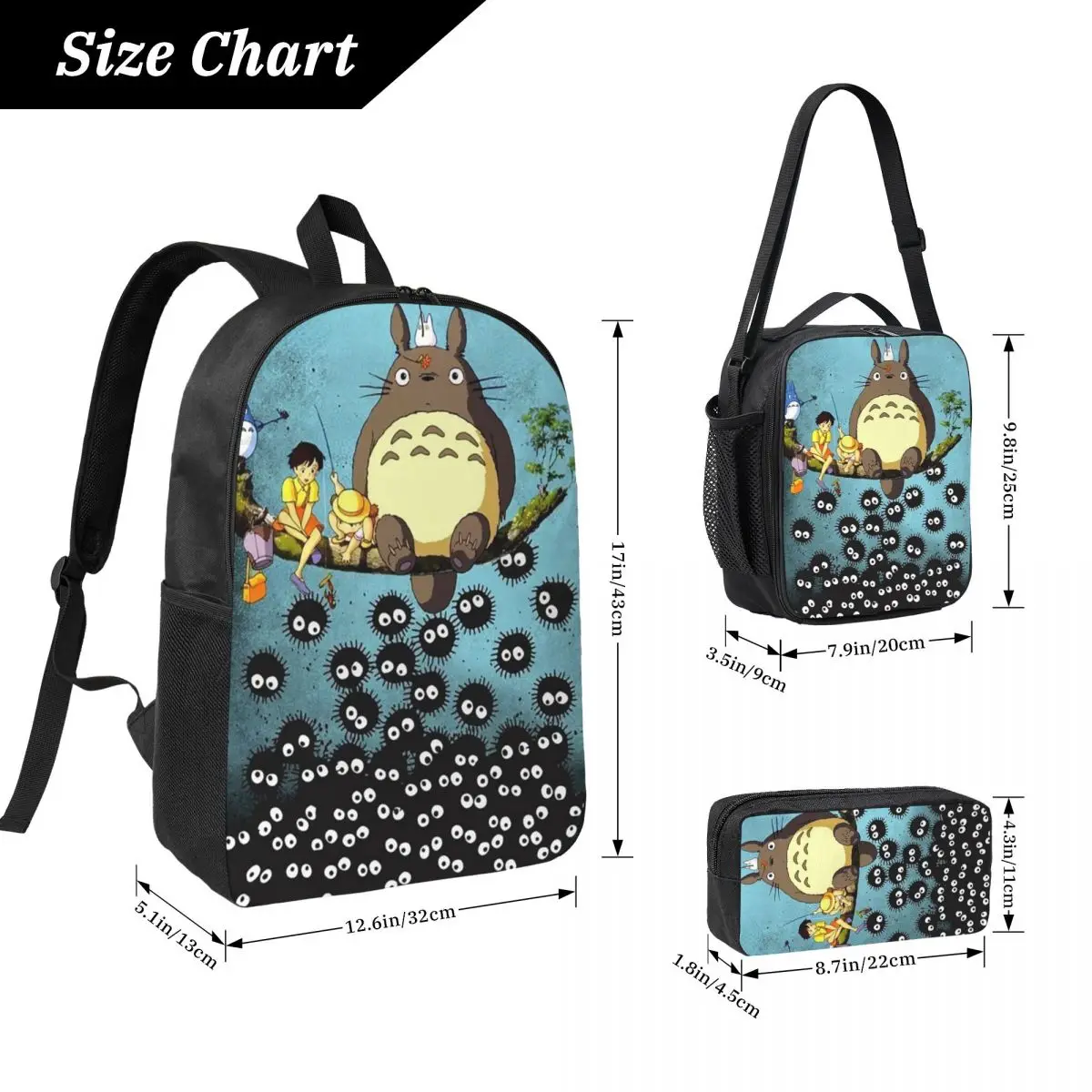 Soot Studio Ghibli Backpack Student Boys Girls BookBag School Bag Laptop Shoulder Bags 3ps Insulated Lunch Bag Pencil Case