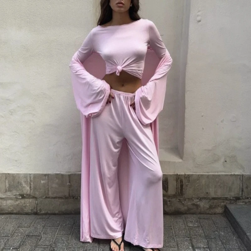 

Fall 2025 New Solid Color Knitted Loungewear Two Wear Long Sleeve Top, Long Pants, Robe Three-Piece Women's Wear