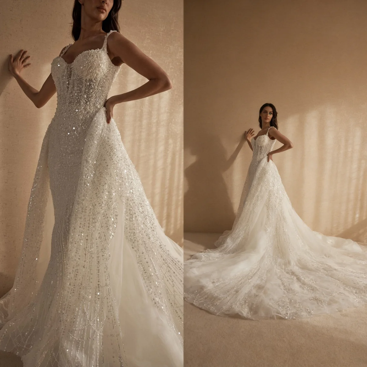 

Customized White Elegant Luxury Princess Wedding Dress Strap Sweetheart Neckline Detachable Trailing Pearl Bead Mermaid Dress