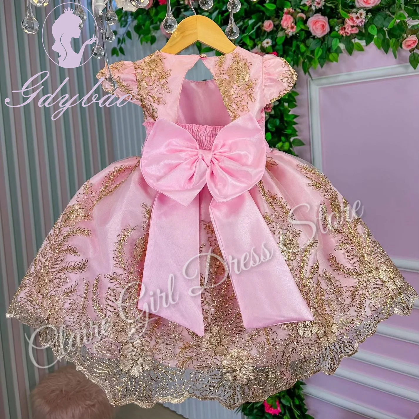 Vestidos de niña de flores rosas personalizados para boda, apliques dorados, perlas, mariposas, fiesta de cumpleaños para niños, vestido de baile de primera comunión