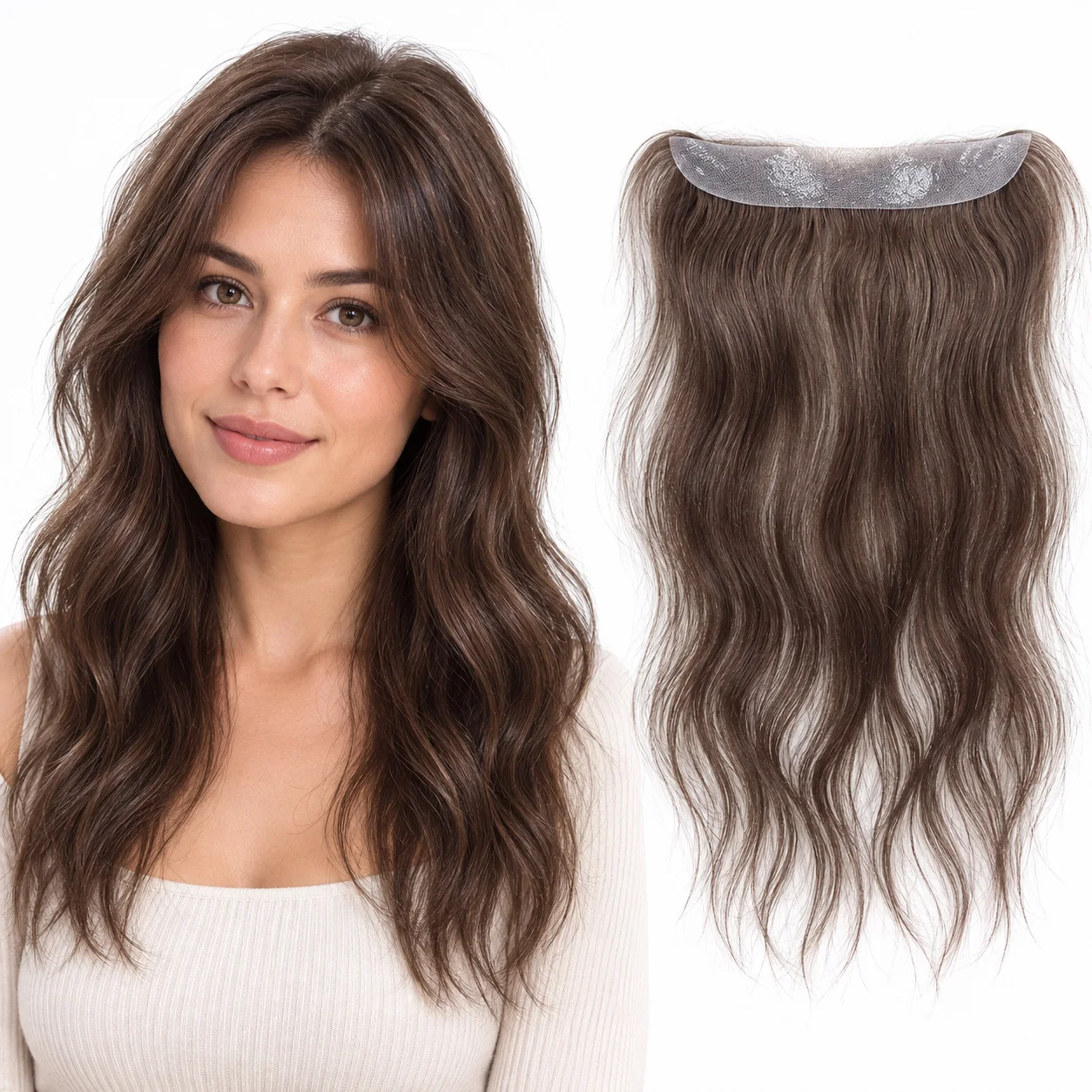ヨーロッパ産の人毛を使用した、女性用v字型ヘアピース。長さは12インチから14インチ。ベース部分は078インチ×629インチのpu素材。女性の抜け毛対策に。