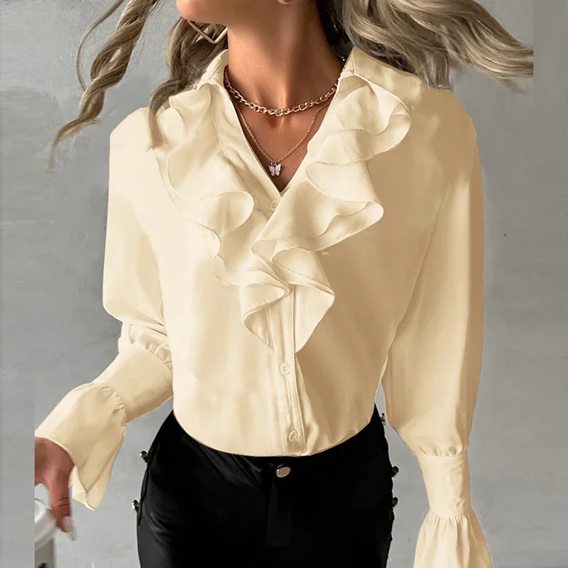 Elegant Ruffles Women\'s Blouse Fashion Petal Sleeve V Neck Long Sleeve White Shirt New Spring Autumn Office Ladies Shirts Tops