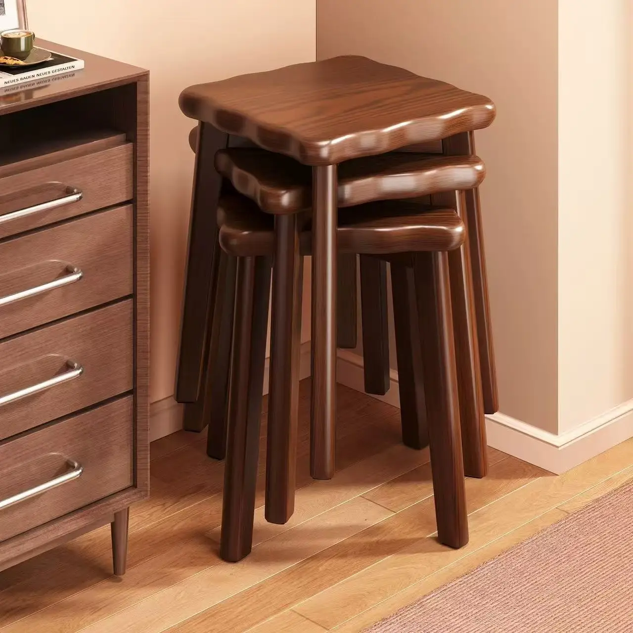 Solid Wood Stool Household Stackable Guest Spare Dining Table Makeup Dressing Strong and Durable New Chinese Square