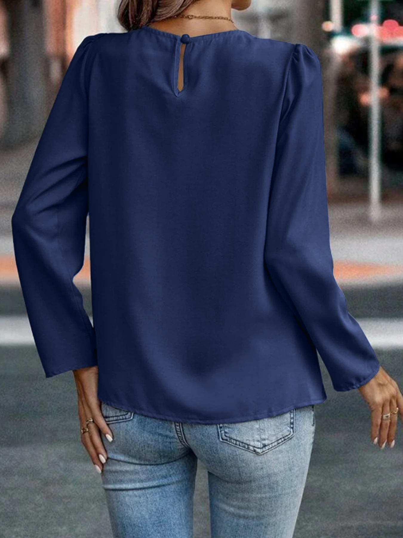 Women's T-shirt Crew Neck Pleated Detail Long Sleeve Satin Loose Fit Top Elegant 2026 Spring Summer Chic Office Breathable Top
