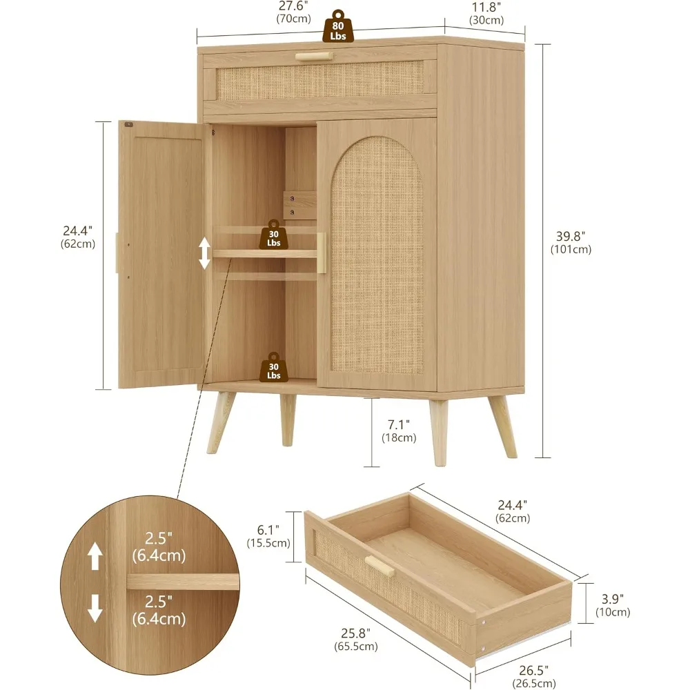 Rattan Storage Cabinet with Drawer and 2 Doors Natural Oak