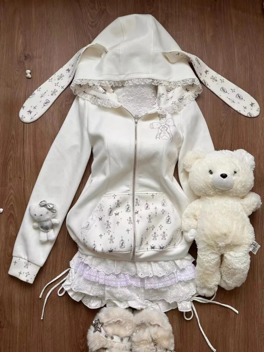 

Cute Rabbit Ear Hoodie Cardigan Sweater High Waist Cake Skirt Set Autumn Faionable Two-Piece Women's Ensemble Long Sve Z...