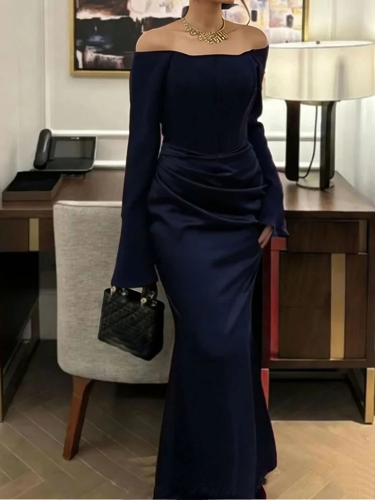 فستان سهرة أنيق جديد للربيع والصيف بخصر مرتفع وتصميم ملفوف حول الورك، فستان سهرة مثير بكتف واحد مع طيات، فستان حفلات أنيق بلون موحد من الساتان