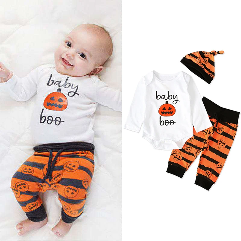 0-18M Newborn Baby Boy Clothes Halloween Cartoon Pumpkin Print Long Sleeve Bodysuit+Pant +Hat 3Pcs/Set Infant Romper Outfit A669