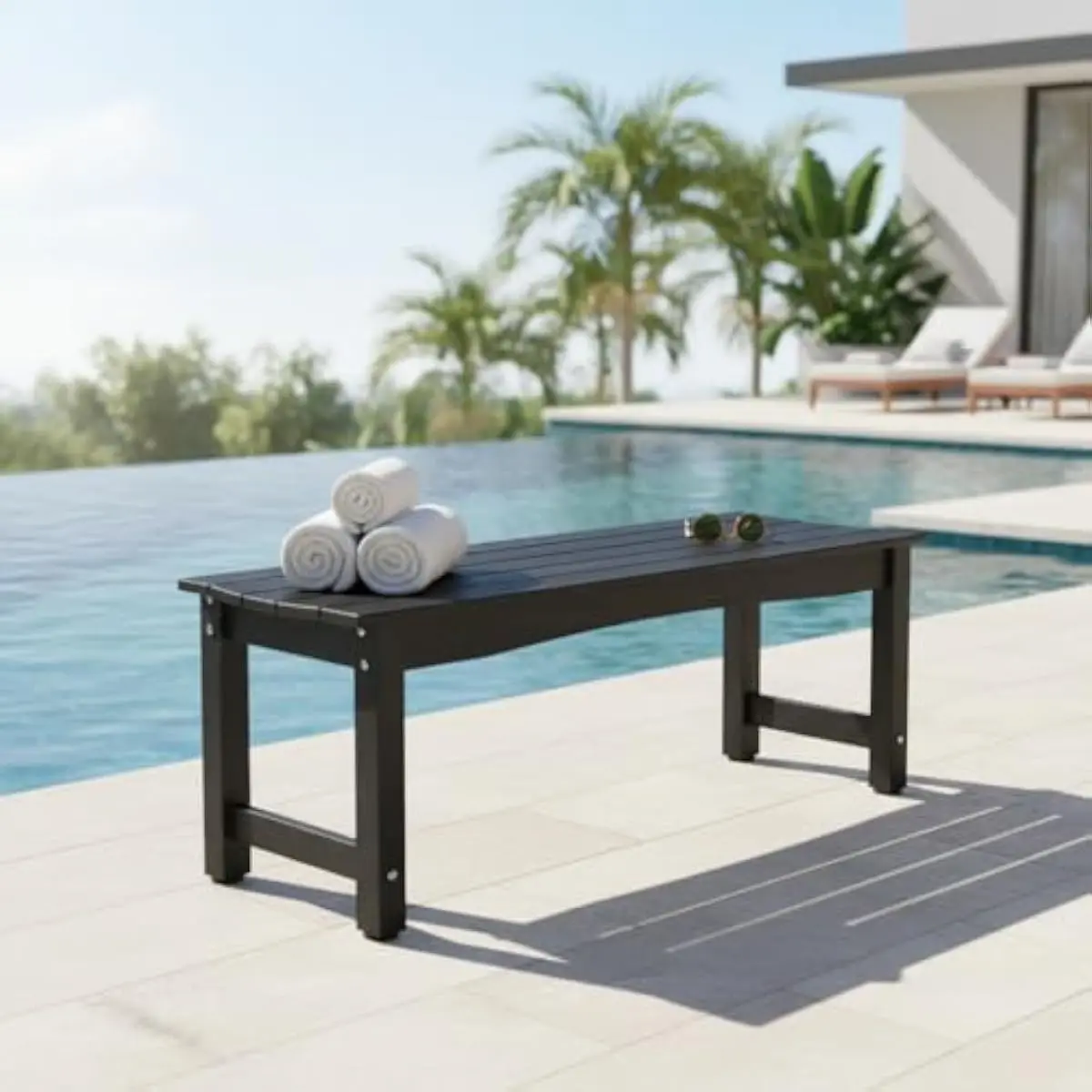 Weatherproof HIPS patio bench for two adults • UV-resistant polymer lumber with realistic wood grain texture • Heavy-duty metal