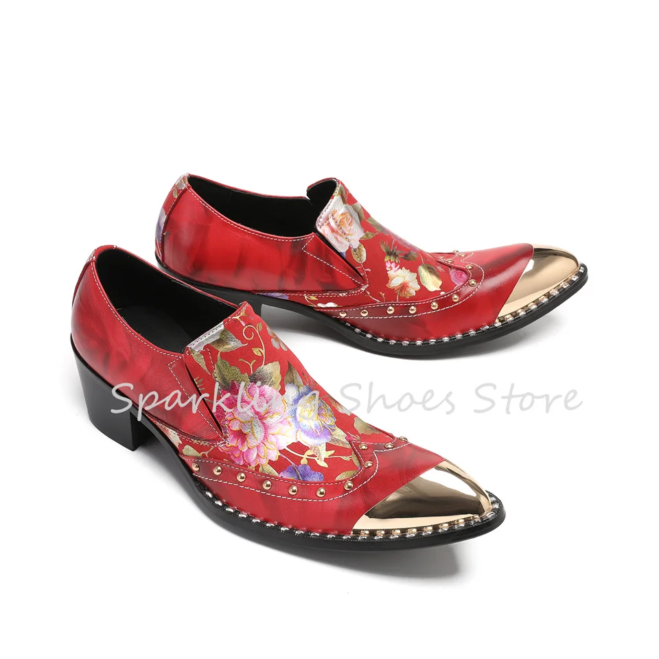 

Romantic Rose Prints Loafers for Men Wedding Party Dress Leather Shoes Metal Round Toe Chunky Heel Slip-On Male Derby Shoes