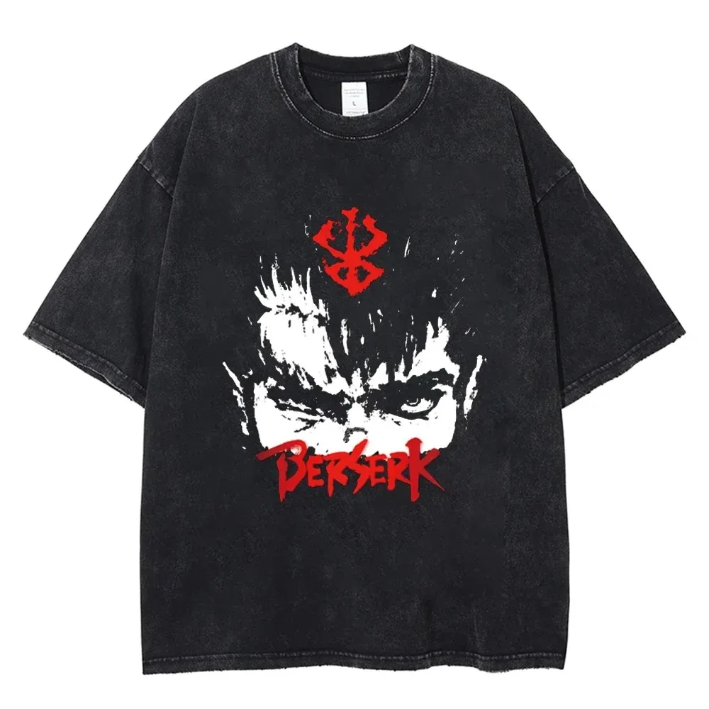 

Berserk Guts Vintage-Wash Graphic T-Shirt: Featuring Protagonist Portrait & Hawk of the Millennium Empire Symbol