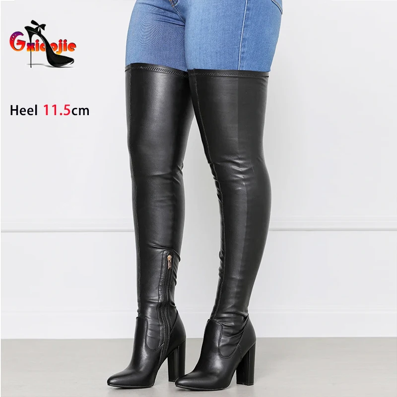 Sexy Thigh High Heel Boots Women Pointed Toe High Heels Stretch Leather Over-the-Knee Crotch Boot Slim Leg Stripper Dance Shoes