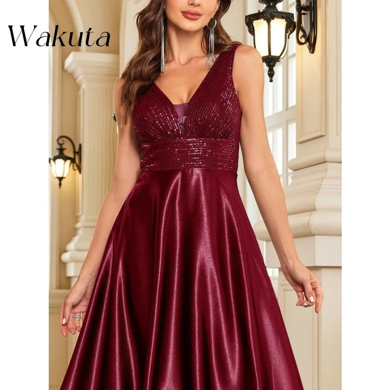 Wakuta-Deep V-neck cetim Prom Robe, mangas, até o chão, A-Line, dama de honra, Wedding Party, Sexy