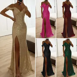 Women Sequin Suspender Dress Sexy Shiny Sequins Off Shoulder V Neck Side Slit Ball Gown Party dress Wedding Party Maxi Dress
