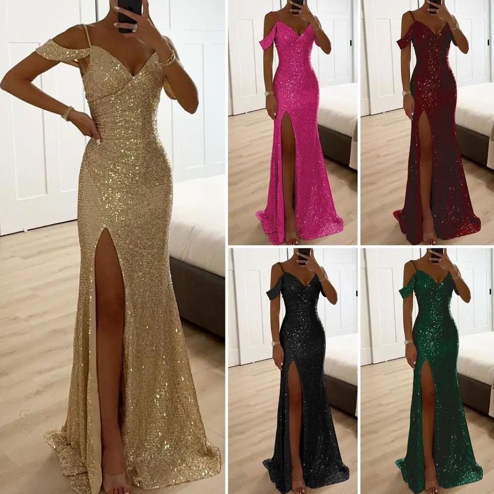 Damska sukienka z cekinami na szelkach Sexy Shiny Sequins Off Shoulder V Neck Side Slit Ball Gown Party dress Wedding Party Maxi Dress