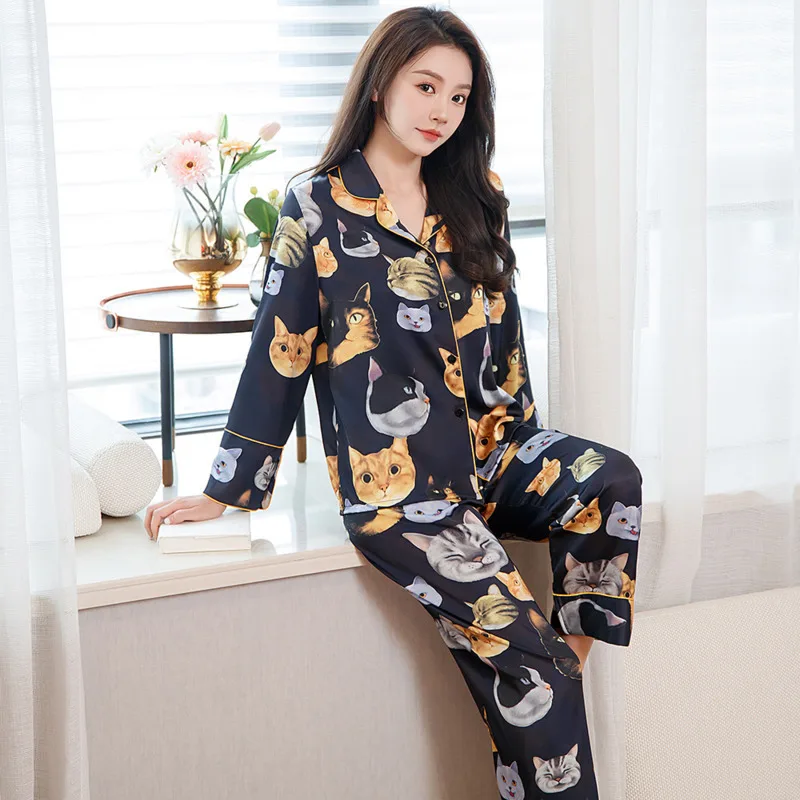 2025 Autumn Winter Black Women Ice Silk Two Piece Set Pajamas Cartoon Cat Homewear Long Sleeve Pant Nightgown Sleepwear Vintage