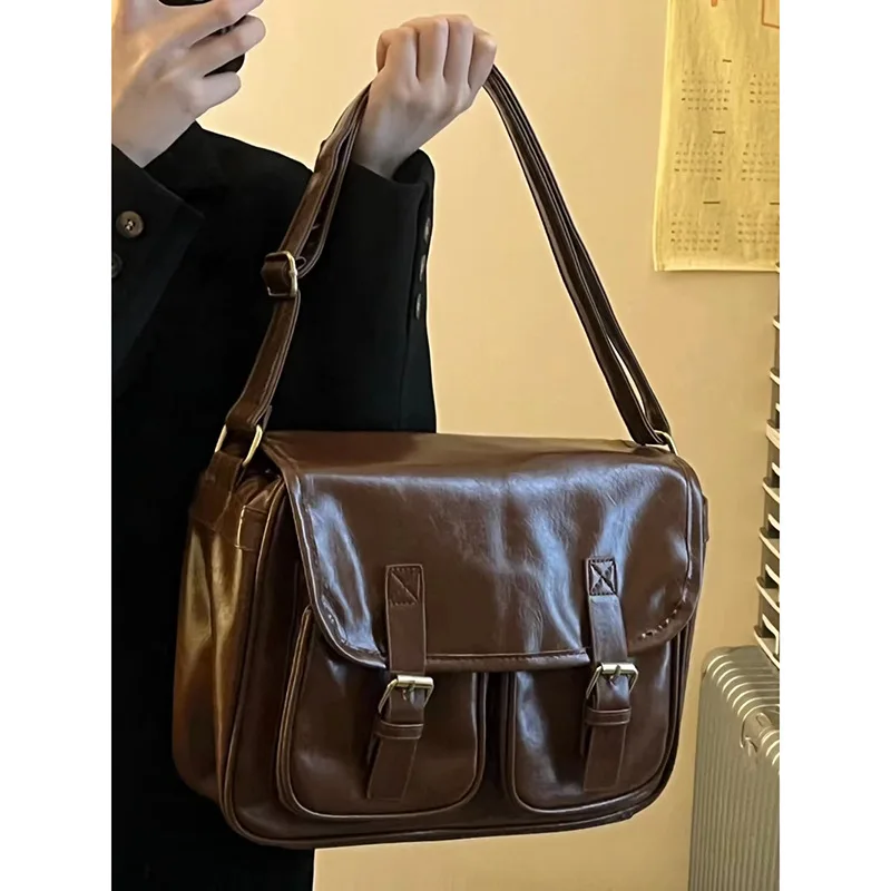 New Trend Street Shoulder Bag Youth Japanese Korean Vintage Leather Small Square Bag Casual Cross Straddle Bag Riding Shoulder