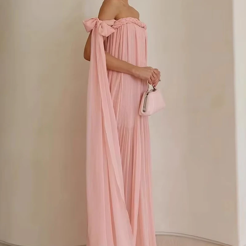 

Elegant Off Shoulder Sleeveless Banquet Dress Women Sexy High Waist Ribbon Chiffon Dress Fashion Pleated Solid Loose Long Dress