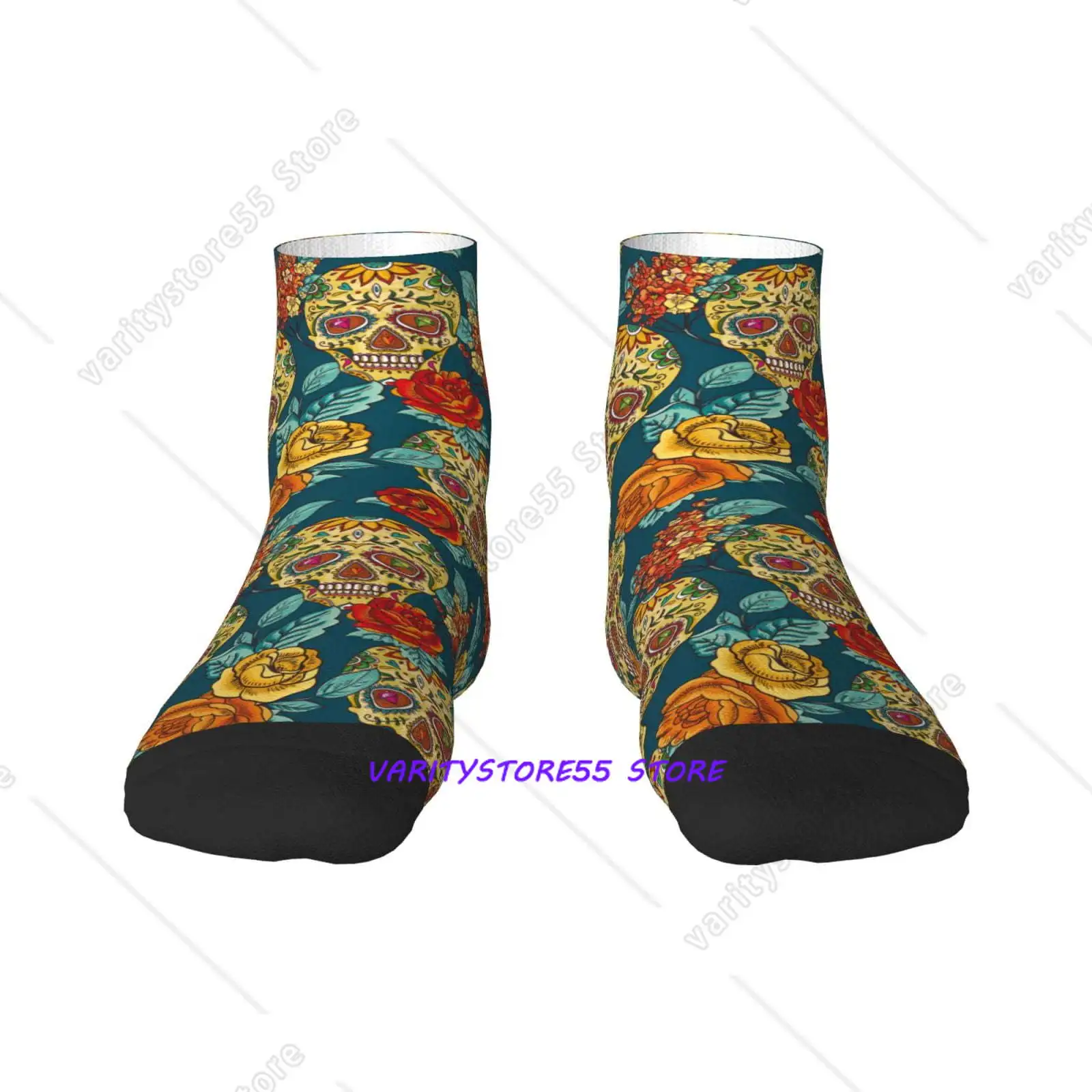 

Skull And Flowers Pattern Crew SocksToe Seamed Ankle Cushioned Breathable Athletic Crew Sports Socks