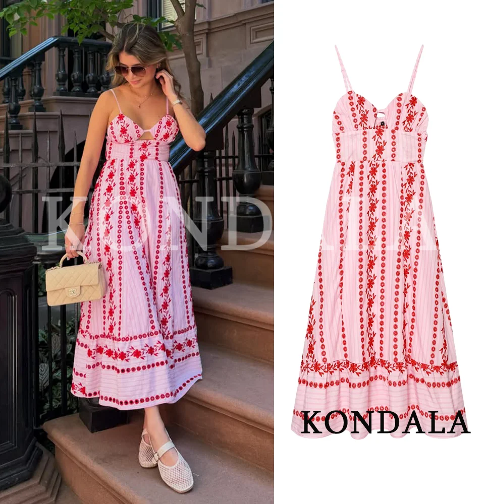 KONDALA Damen Elegantes Schickes Hohlstickerei-Midikleid Neu 2026 Sommer Trendiges Urlaub Cami-Kleid Stretch-Bustier-Trägerkleid