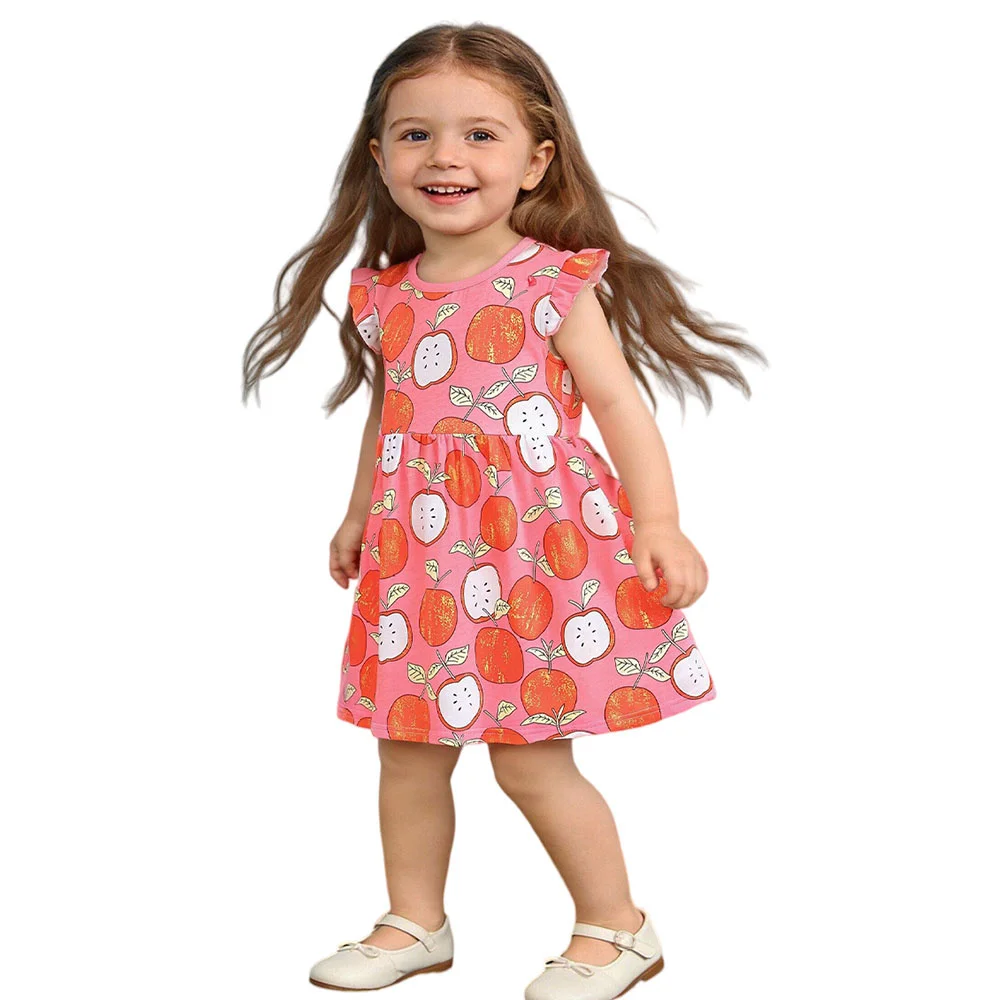 

Princess Girls Summer Dresses Apples Print Lovely Kids Wear Fly Sleeve Children's Frocks New Style Toddler Clothing
