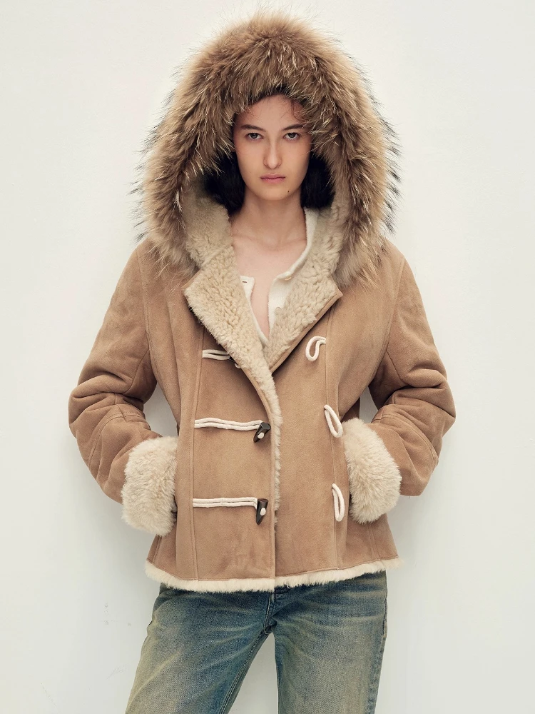 

Raccoon Dog Fur Collar Hooded Merino Sheep Fur Suede Jacket for Women High-end Simple Short Winter Genuine Leather Real Fur Coat
