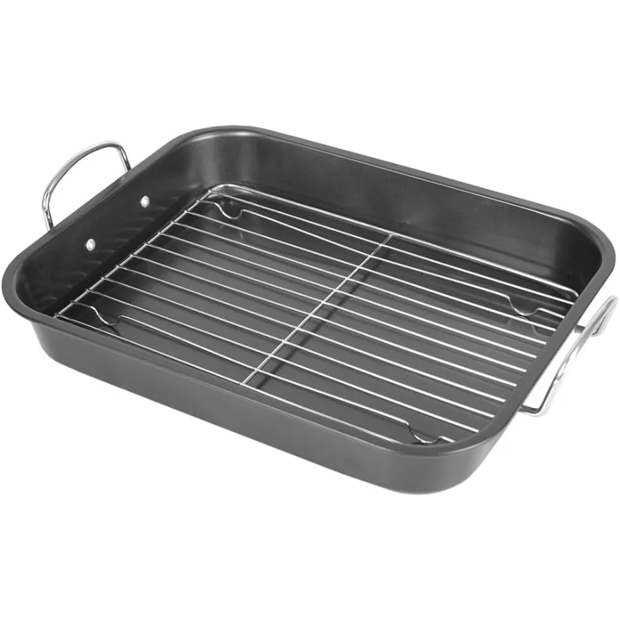 

Deluxe Non Stick Roast Pan with Handles and Grill Rack Ideal for Roasting Turkeys Hams and Chickens Featuring a Spacious 15.5 x