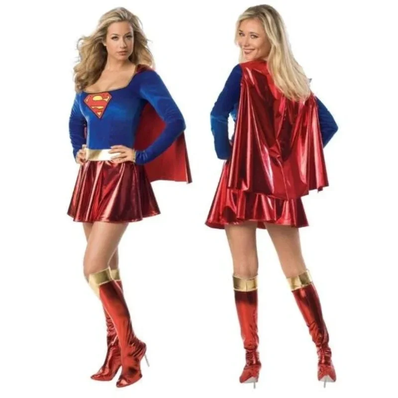 Superwoman Dress Cosplay Costumes Super Girls Dress Shoe Covers Suit Superhero Woman Top Cloak Halloween Costume M17