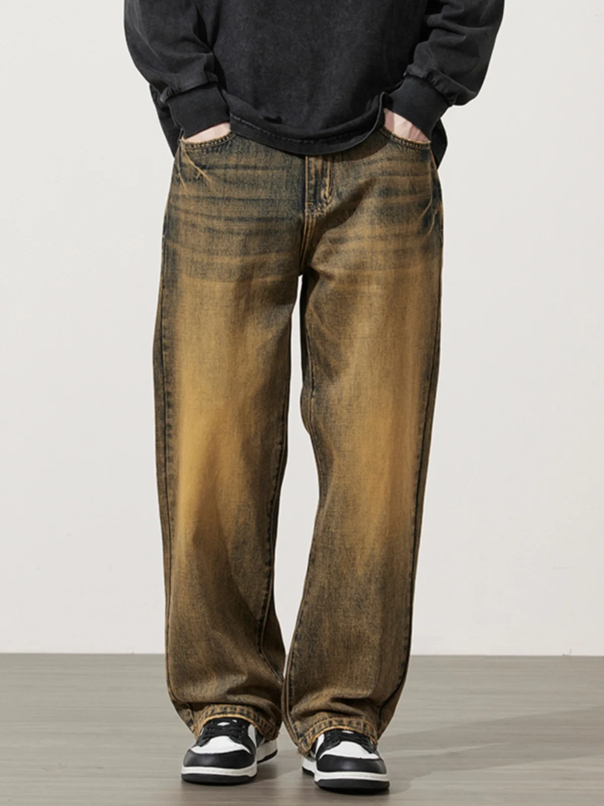 

Ретро-джинсы в американском стиле с широкими штанинами, мужские свободные прямые повседневные универсальные длинные брюки, весна-осень, новые, из хлопка.