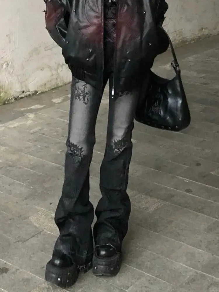 Vintage Floral Embroidery Jeans Women Y2k Low Rise Print Flare Pants Long Trousers Dark Academia Abi Japanese Streetwear Outfit
