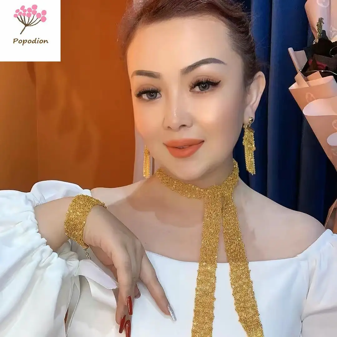 Popodion 24k Gold Plated Dubai  Wedding Bridal Jewelry Set Jewelry Sets For Women Tassel Necklace Bracelet Earrings CHD20787