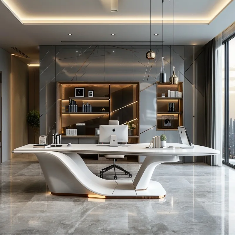 Modern White Executive Office Desk Luxury CEO Manager Desk Contemporary Curved Design for Office