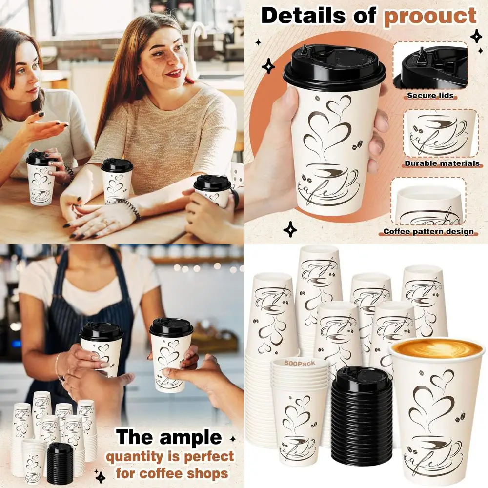

Одноразовые бумажные кофейные чашки на 12 унций с крышками, идеально подходят для кафе, ресторанов, офисов и домашнего использования.