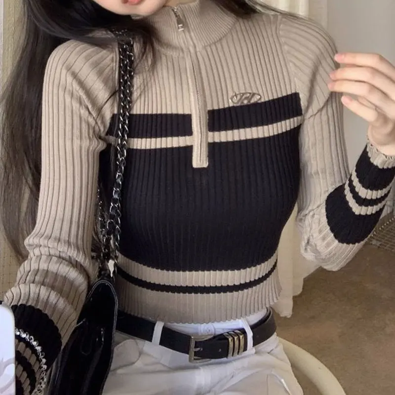 

Nice Trend Patchwork Long Sweaters Sleeve Zipper Solid Color Slim Fashion Casual Autumn Winter Thin Streetwear Sweet Women's Clo