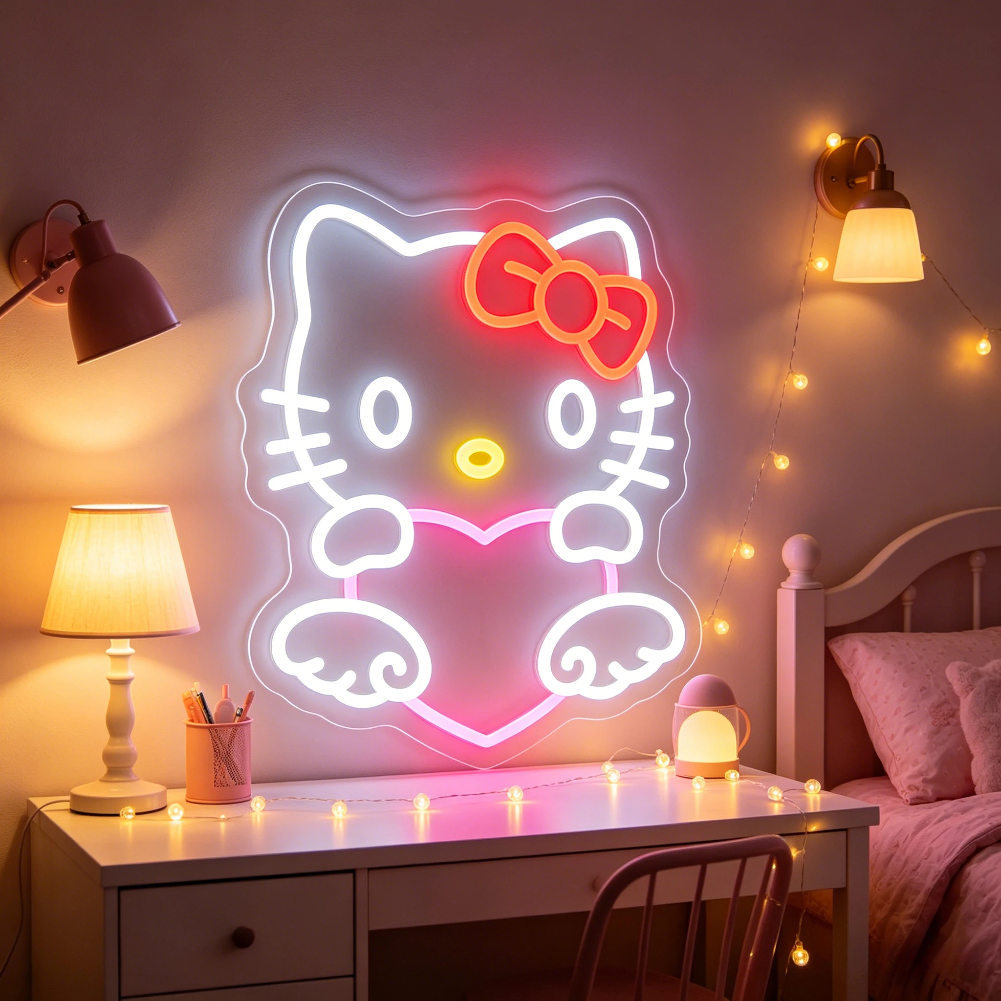 

Neon Sign Hello Kitty Heart LED Night Light Wall Art Bedroom Decor USB Powered Kawaii Romantic Mood Light Gift Home Decoration
