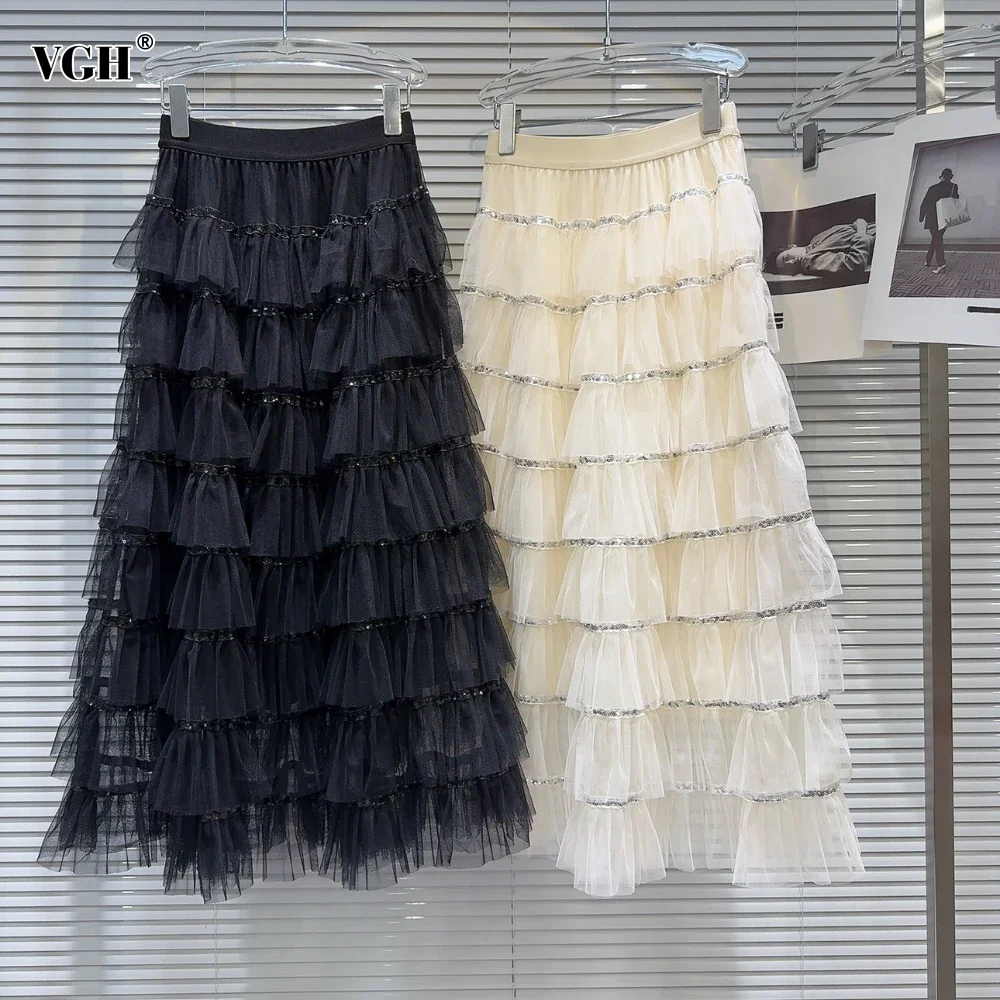 

VGH Patchwork Sequins Folds Mesh Long Skirt for Women High Waist Temperament A Line Cake Skirts with Elastic Female Summer Style