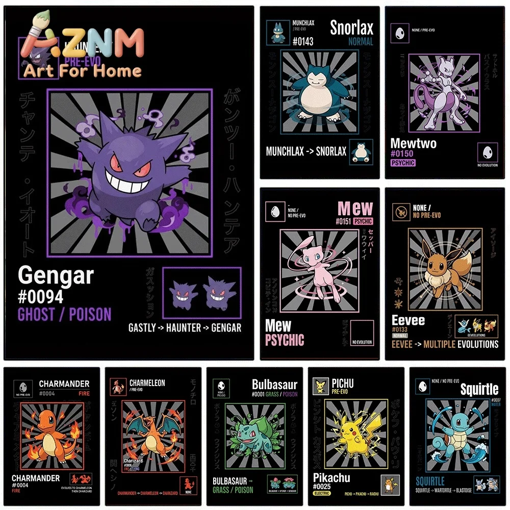 2D Flat Posters & Prints,Gengar Vintage Anime Canvas Wall Art,2D Flat Frameless Monster Print,Home Decor for Kids Bedroom Retr