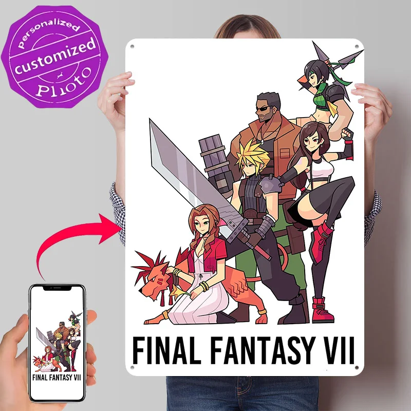 Final Fantasy VII Group Illustration Personalized 3D Textured Metal Poster Wall Art Tinplate Sign for Living Room Decoration