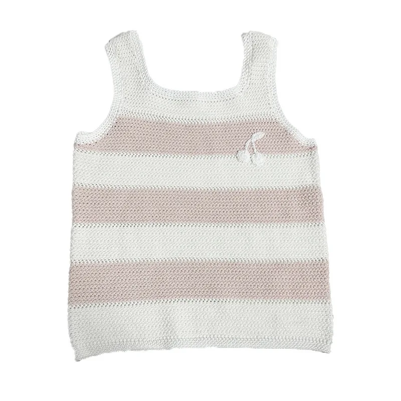 

OUYANG&IVAN2024 New Little Girl Cherry Vest Combed Cotton Hollowed-out Halter Pink-white Striped Sleeveless Top Sweater