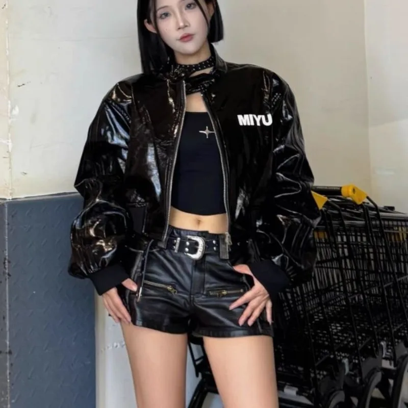 

Spice Girl Exclusive Black Cherry Red White Patent Leather Personalized Letter Design Leather Jacket Cotton Women' Jacket Casual