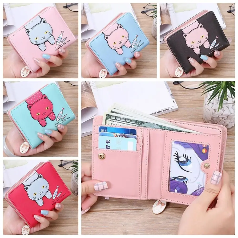 

Zip Folding Coin Purse Simple Printing Pu Leather Leather Wallet Bank Card Bag Cat Catch Fish Pattern Zipper Purse Ladies