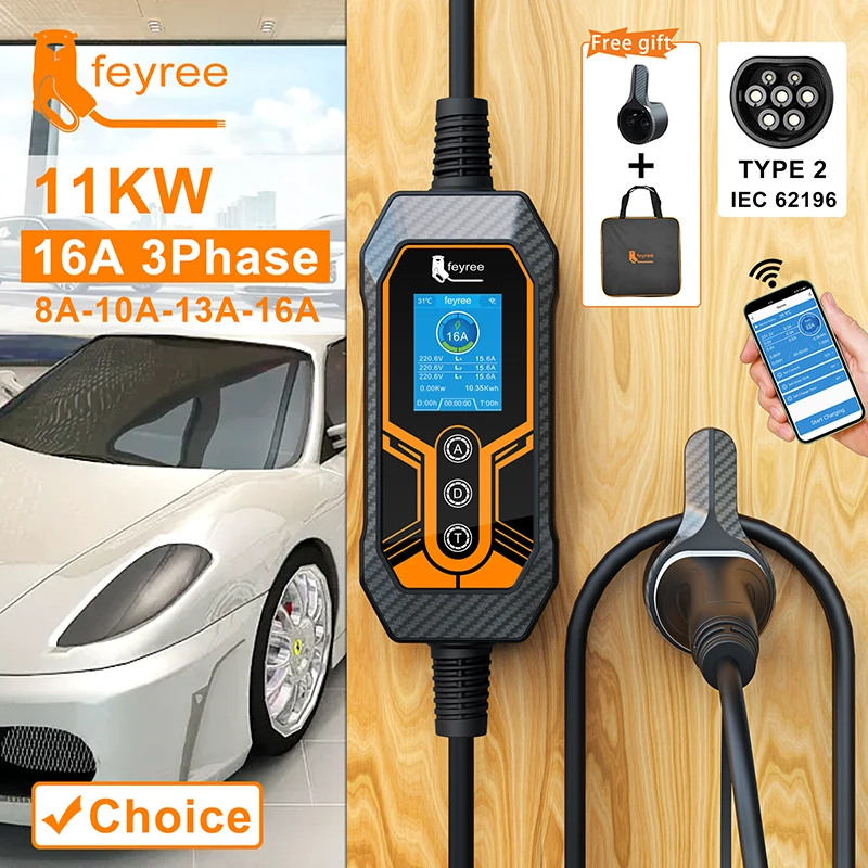 

feyree Type 2 Portable EV Charger 11KW 16A 3 Phase Wi-Fi APP Bluetooth Version EVSE Charging Cable 5m CEE Plug for Electric Car