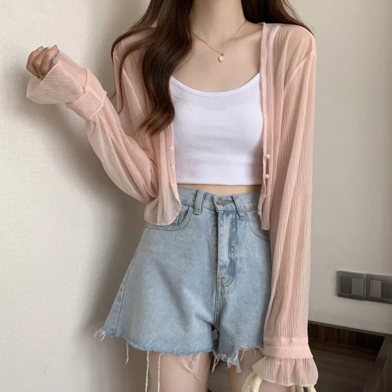 Sun-proof Shirts Women Sweet Vacation Thin Summer Crop Tops Loose Hot Sale Ins Pure Beach Style All-match Basic New Arrival Soft