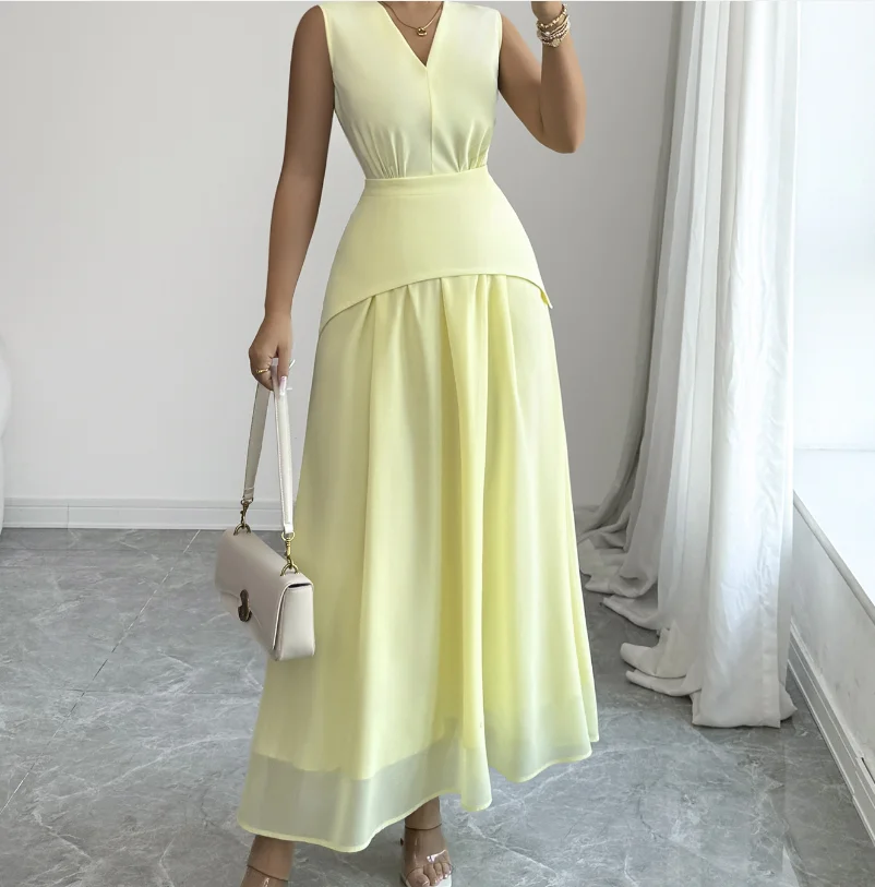 

Women's Dress 2026 Spring Summer New Solid Color V-Neck Sleeveless Mesh Patchwork Cinched Waist Elegant Temperament Long Dress