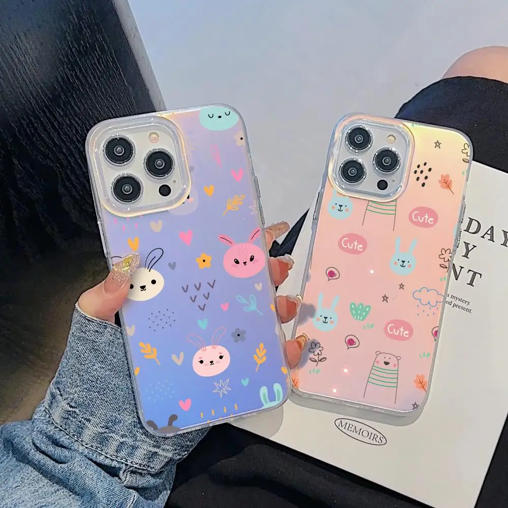 

Cute Rabbit Pattern Phone Case For iPhone 17 16 15 14 13 12 11 Pro Max Plus Transparent Aurora Laser Gradient Cover
