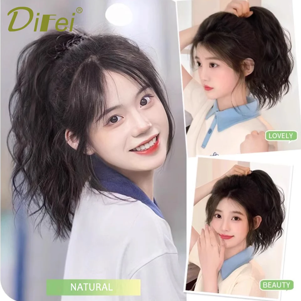 Wig sintetis ekor kuda pendek riak air klip cakar halus vitalitas wanita Wig rambut pendek riak air alami