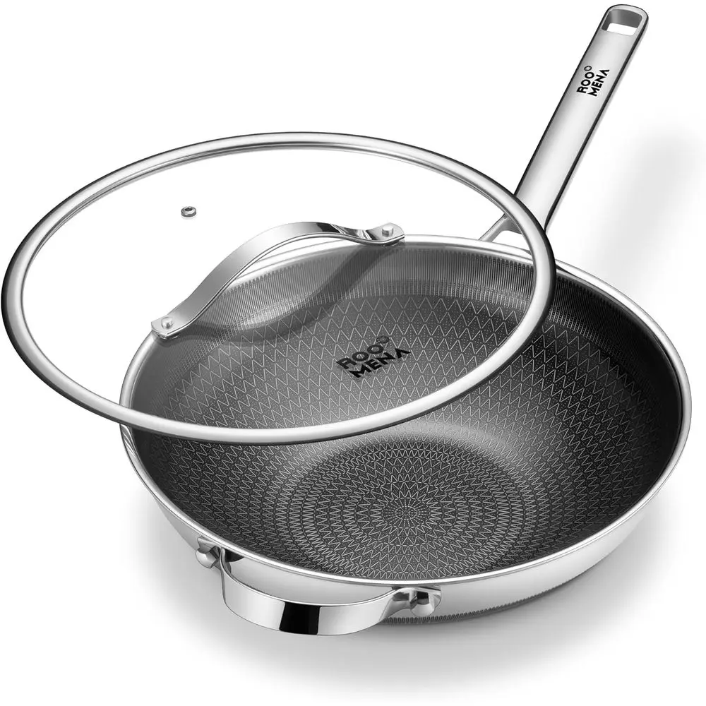 

13-дюймовая трехслойная сковорода-вок из нержавеющей стали с крышкой, антипригарная, безопасна для металлических приборов, подходит для мытья в посудомоечной машине и использования в духовке, совместима с индукционными плитами