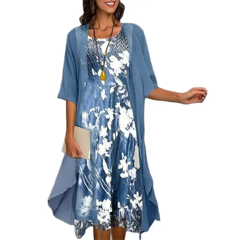 

Elegant Geometric Print Half Sleeve Dresses Women Chiffon Shawl Two Piece Sets O Neck Pullover Dress Female Commuter Casual Gown